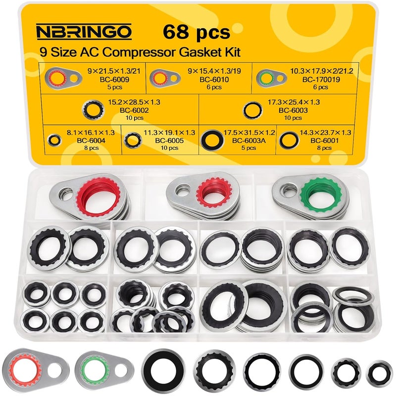 NBRINGO 68 PCS AC Compressor Gasket Kit - Compatible with 15-32241 GM Original Equipment, R134a AC Seal Kit Includes Bonded Washers & A/C Line Seals for Automotive Air Conditioner Repair - Image 1